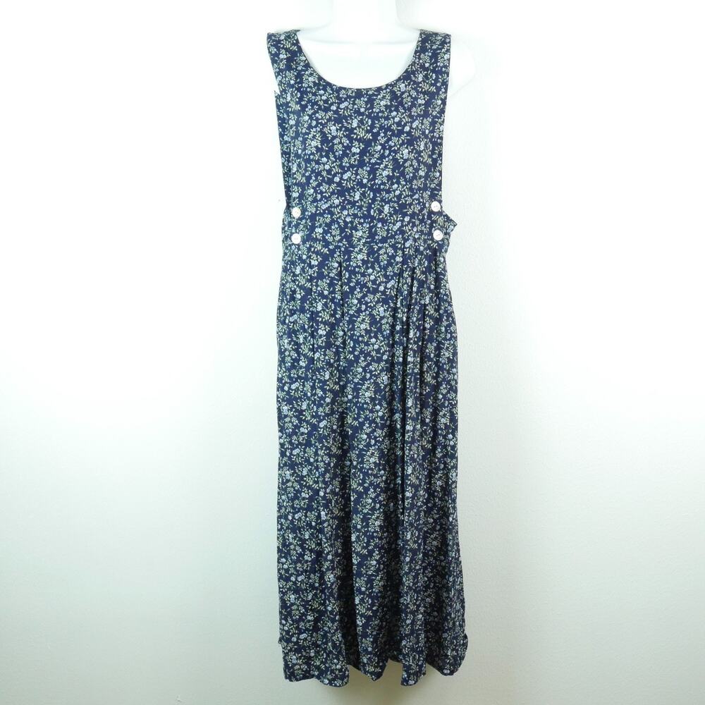 Vintage 90s Pinafore Dress Medium Jumper Blue Floral Art Teacher Dainty Cottage
